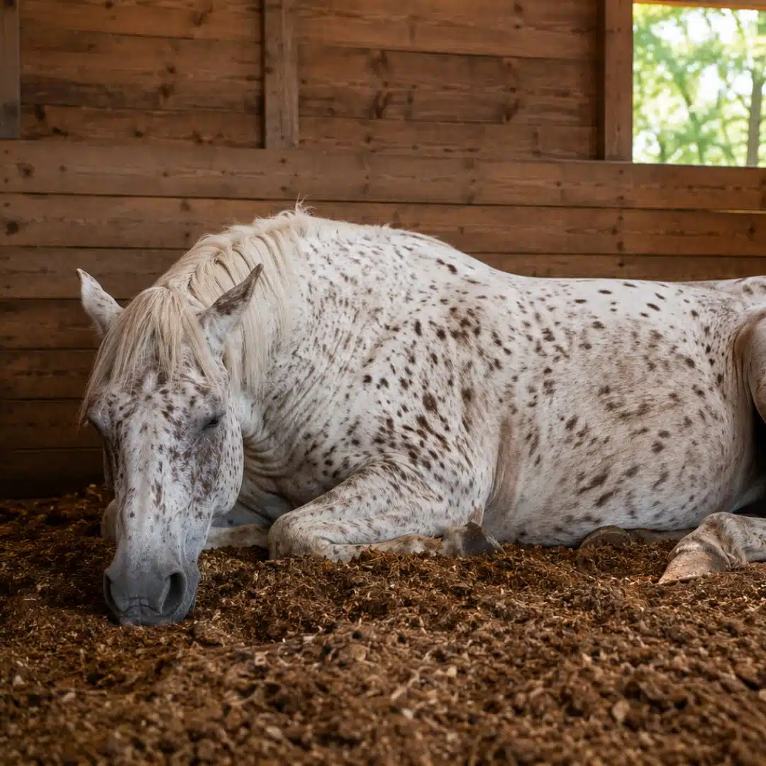 Pferd ruht entspannt in STROY Waldboden Einstreu