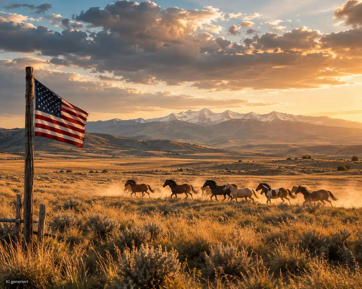 Mustangs vor Bergkulisse mit US-Flagge – Reisegutschein