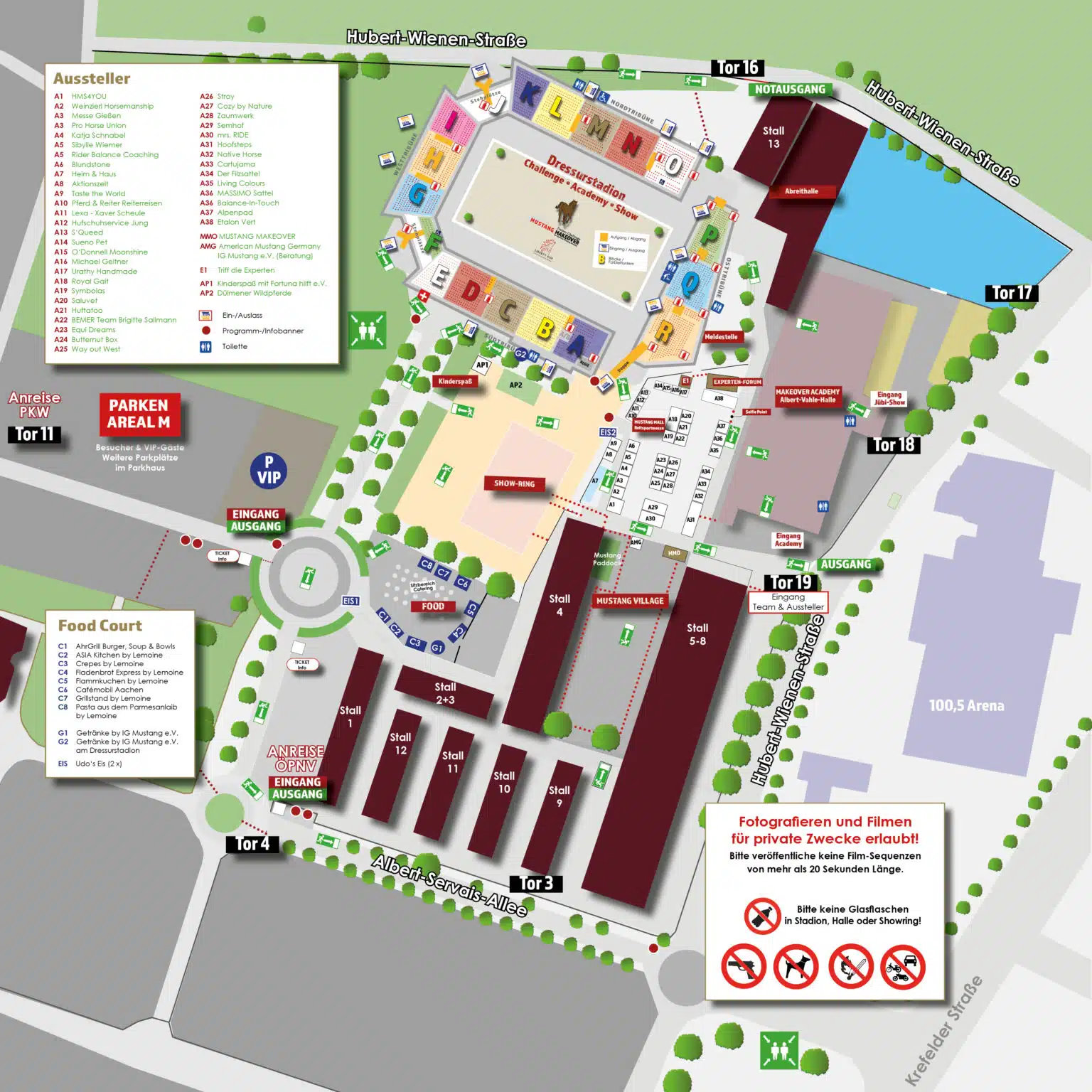 Geländeplan Allianz Park Aachen mit Dressurstadion, Show-Ring, Mustang Mall, Mustang Village, Ställen, Makeover Academy, Food Court, Parkareal M und den Toren 3, 4, 11, 16, 17, 18 und 19.